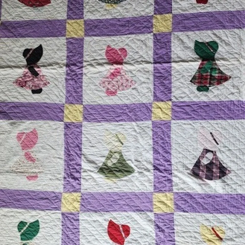 VINTAGE Sunbonnet Sue Quilt Hand Applique Twin 67x83 Purple Yellow Calico Folk